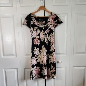 Vintage S.L. fashions Black Floral Dress Size SM Cowl Neck Flutter Cottagecore